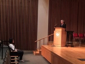 Dr. Nenno introduces Mo Asumang before the screening of "The Aryans"