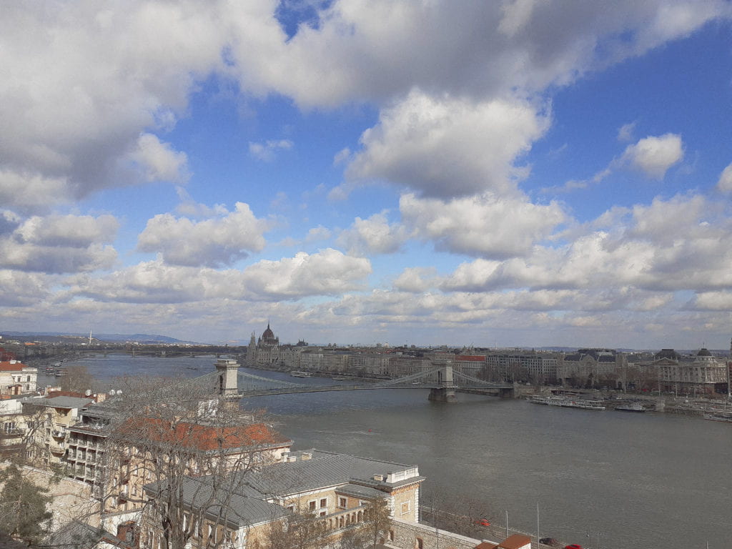 The Danube River, Chain Bridge, and Parliament Building in the distance, as seen from Castle Hill