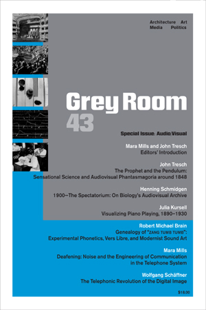 The cover of the journal Grey Room, with grey and blue blocks and a series of five small black and white squares featuring images from the articles in a column in the upper lefthand corner.
