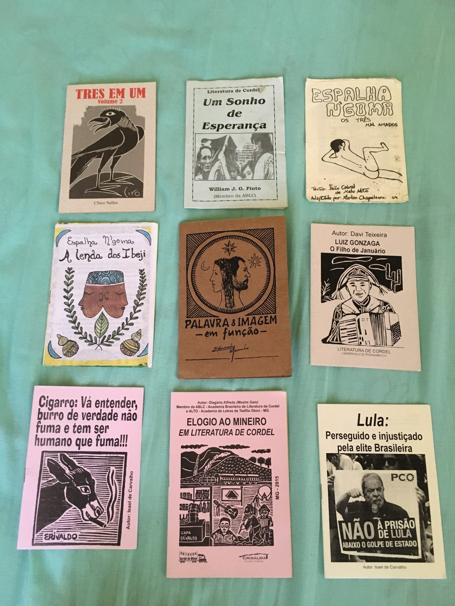 Various zines laid out on green sheet