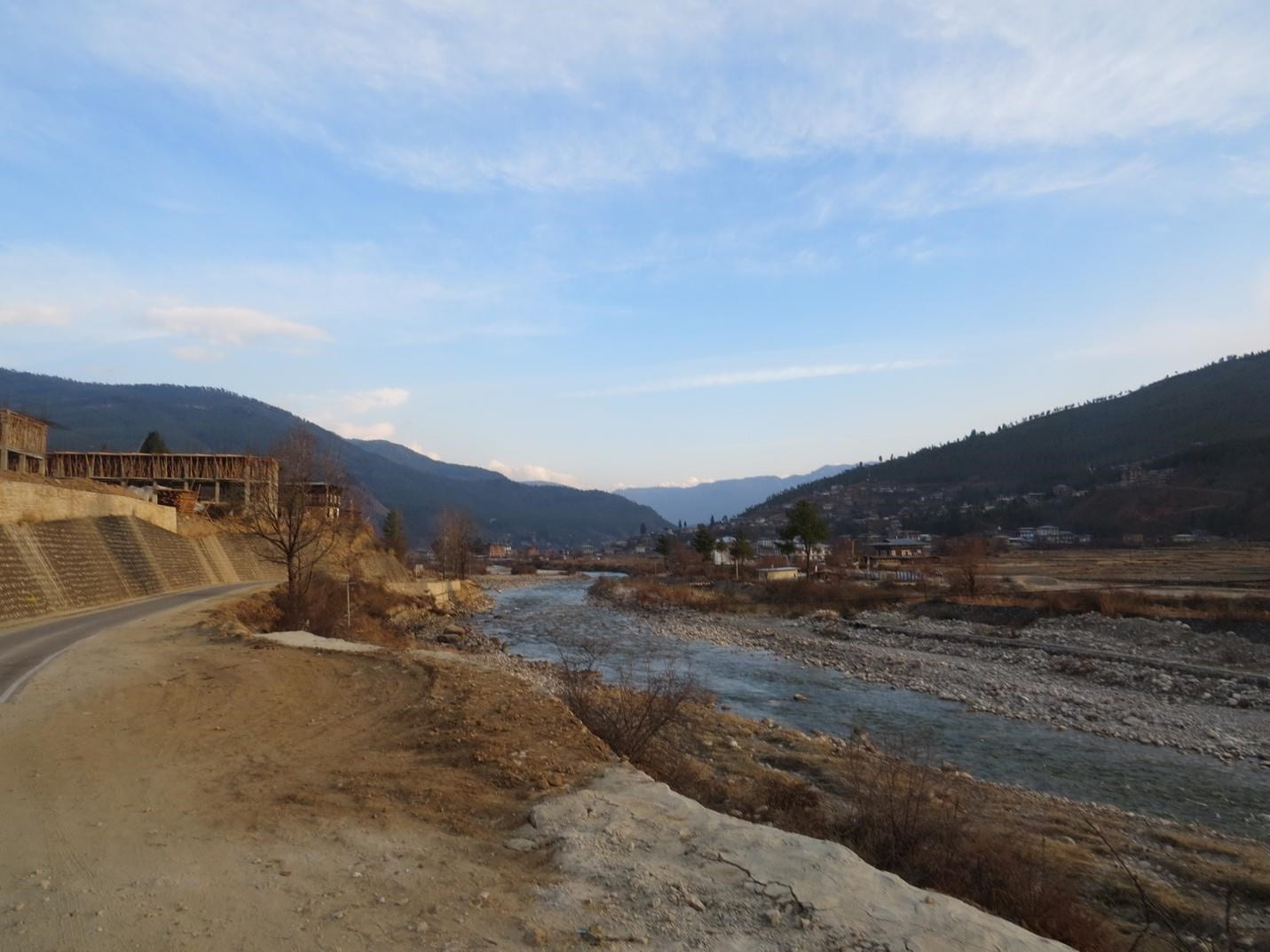 Landscape with river and blue sky in Bhutan