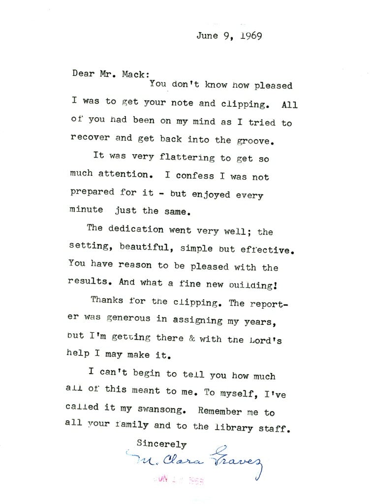 Clara Gravez’s personal thank you letter to James D. Mack after the dedication