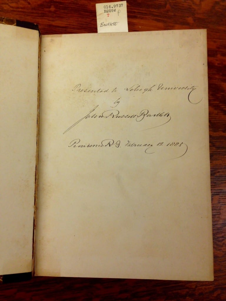 Lehigh's copy of Literature of the Rebellion, inscribed by John Russell Bartlett in 1883.